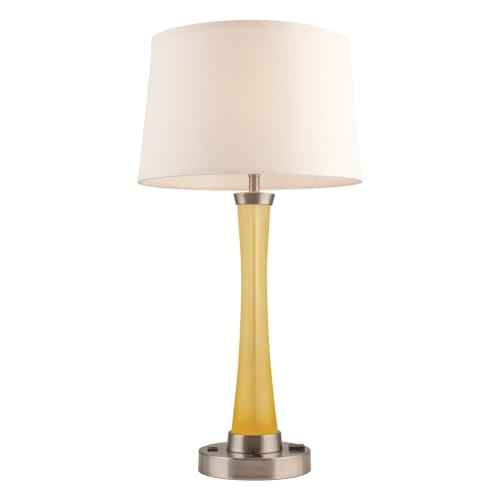 Desk Lamp, Two Outlets, White Linen Shade w/ Amber Body